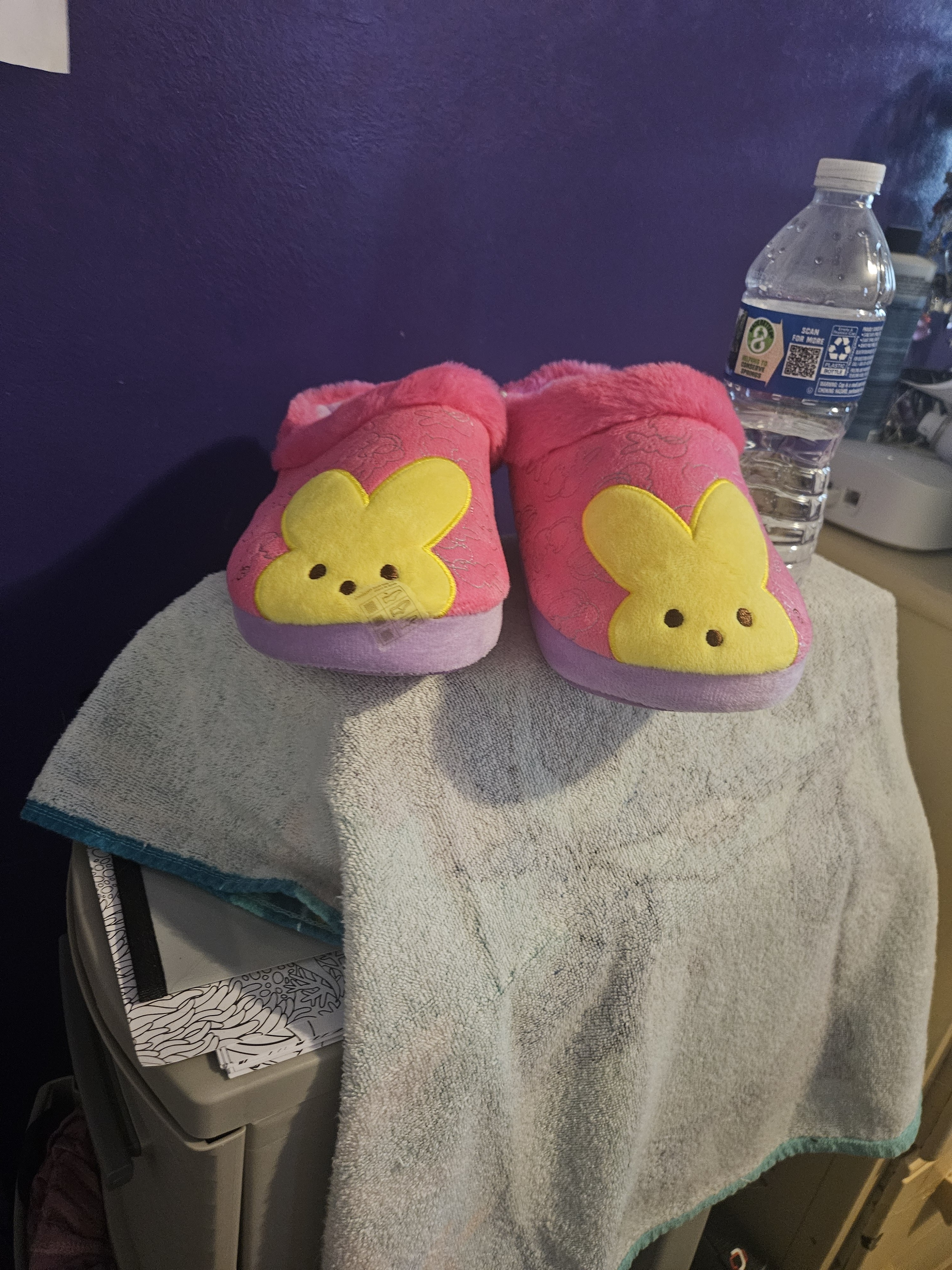 Pink Plush Bunny Slippers With Yellow Bunny Appliques